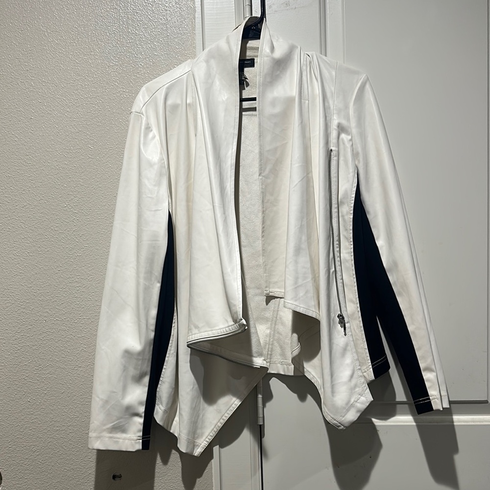 INC International Concepts White and Black Leather Jacket Asymmetrical Design